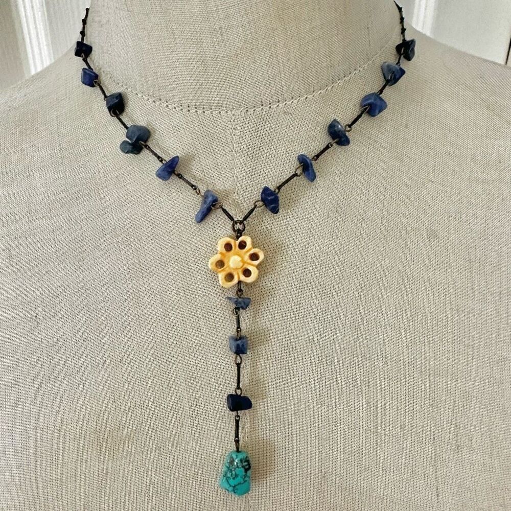 Boho Sodalite + Bone Flower  Y Necklace w/ Turquoise Drop